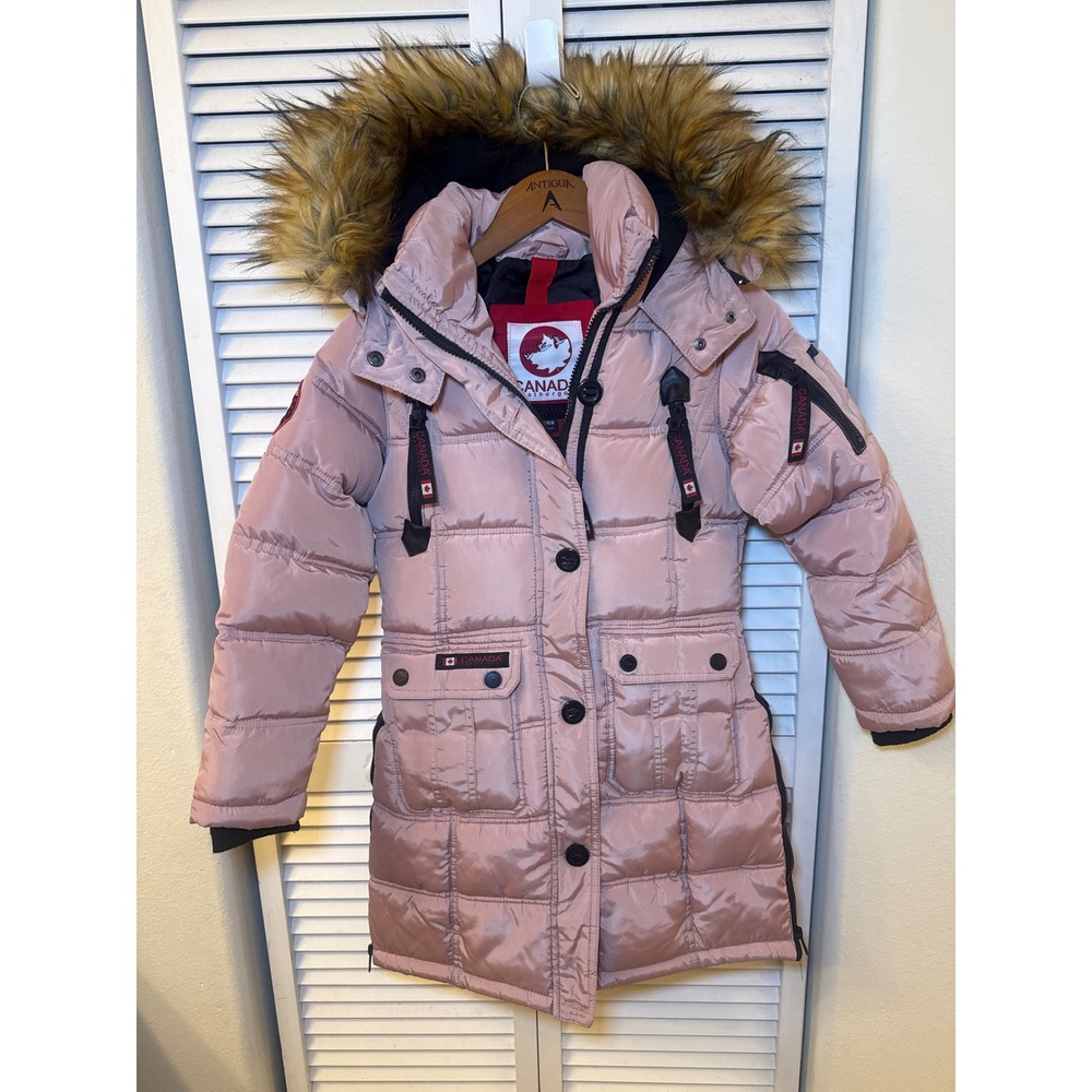Canada Weathergear Girls Pink Puffer Parka Faux Fur Hood Jacket Size M 10/12